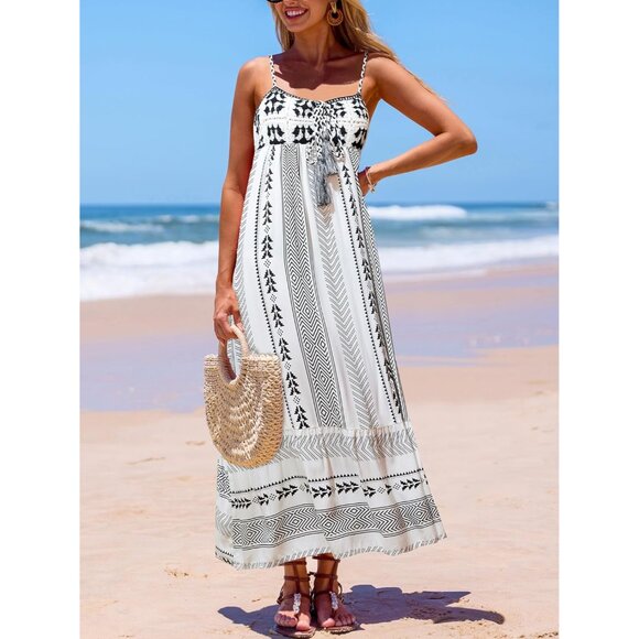 Women's Summer Maxi Dress Rayon Boho Ruffled Tassel Sleeveless Beach Vacation - Picture 4 of 5